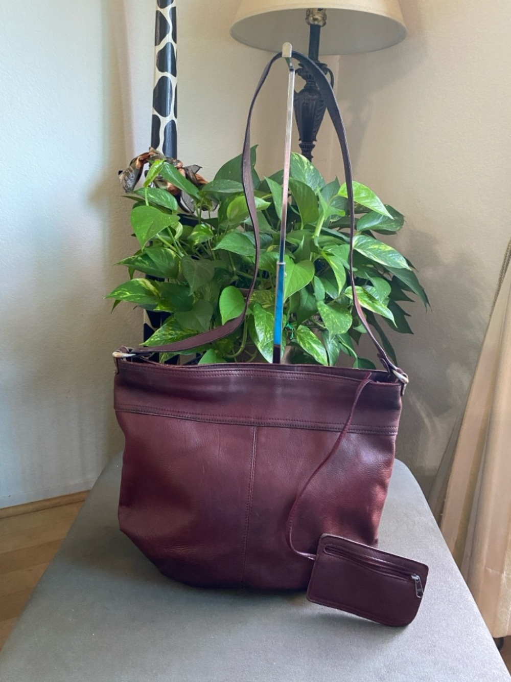 Contessa Vintage Burgundy Leather Hobo Slouchy Shoulder Bag, Boho, accessory